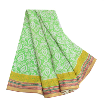 Sanskriti Vintage Sarees Green Woven Border Pure Cotton Print Sari Craft Sustainable Fabric