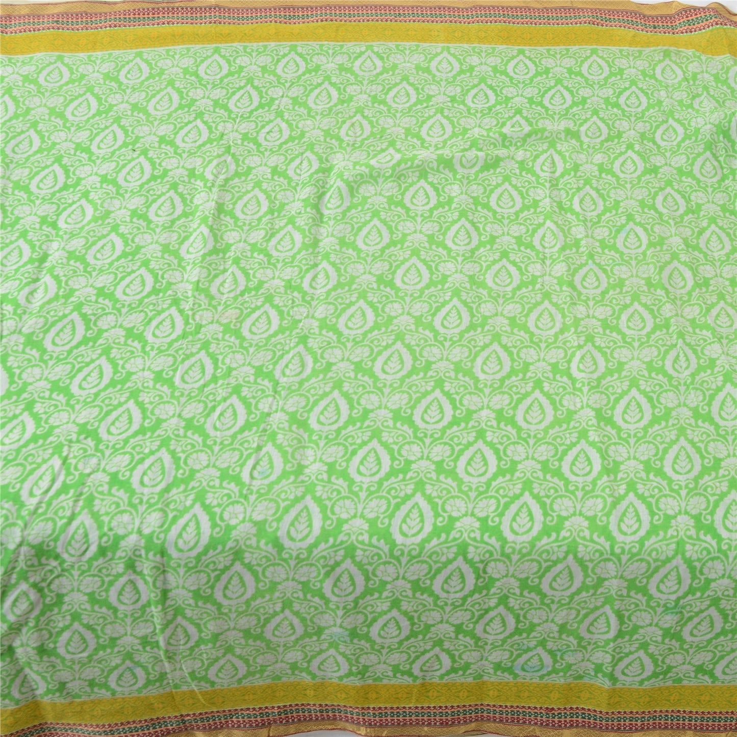 Sanskriti Vintage Sarees Green Woven Border Pure Cotton Print Sari Craft Sustainable Fabric
