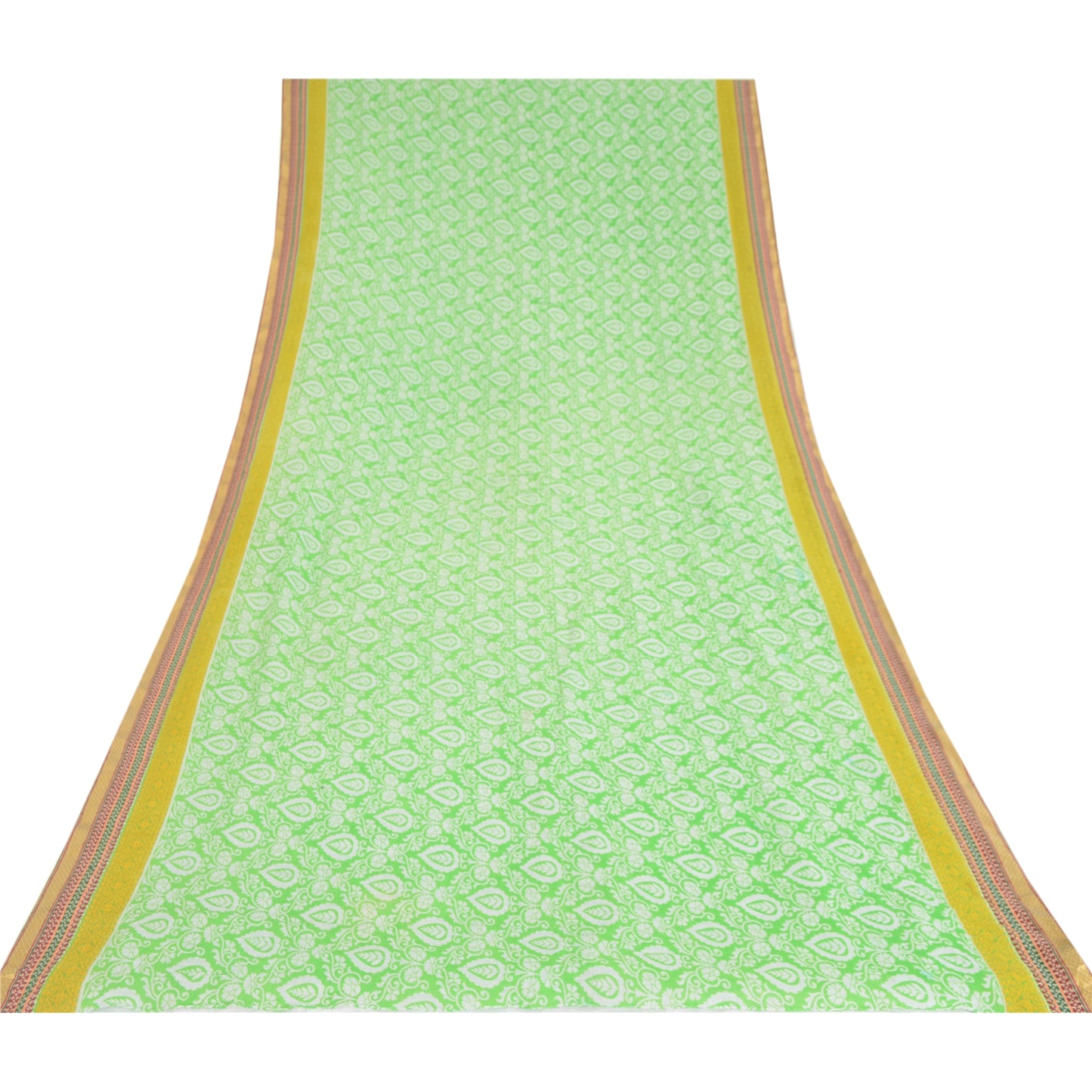 Sanskriti Vintage Sarees Green Woven Border Pure Cotton Print Sari Craft Sustainable Fabric