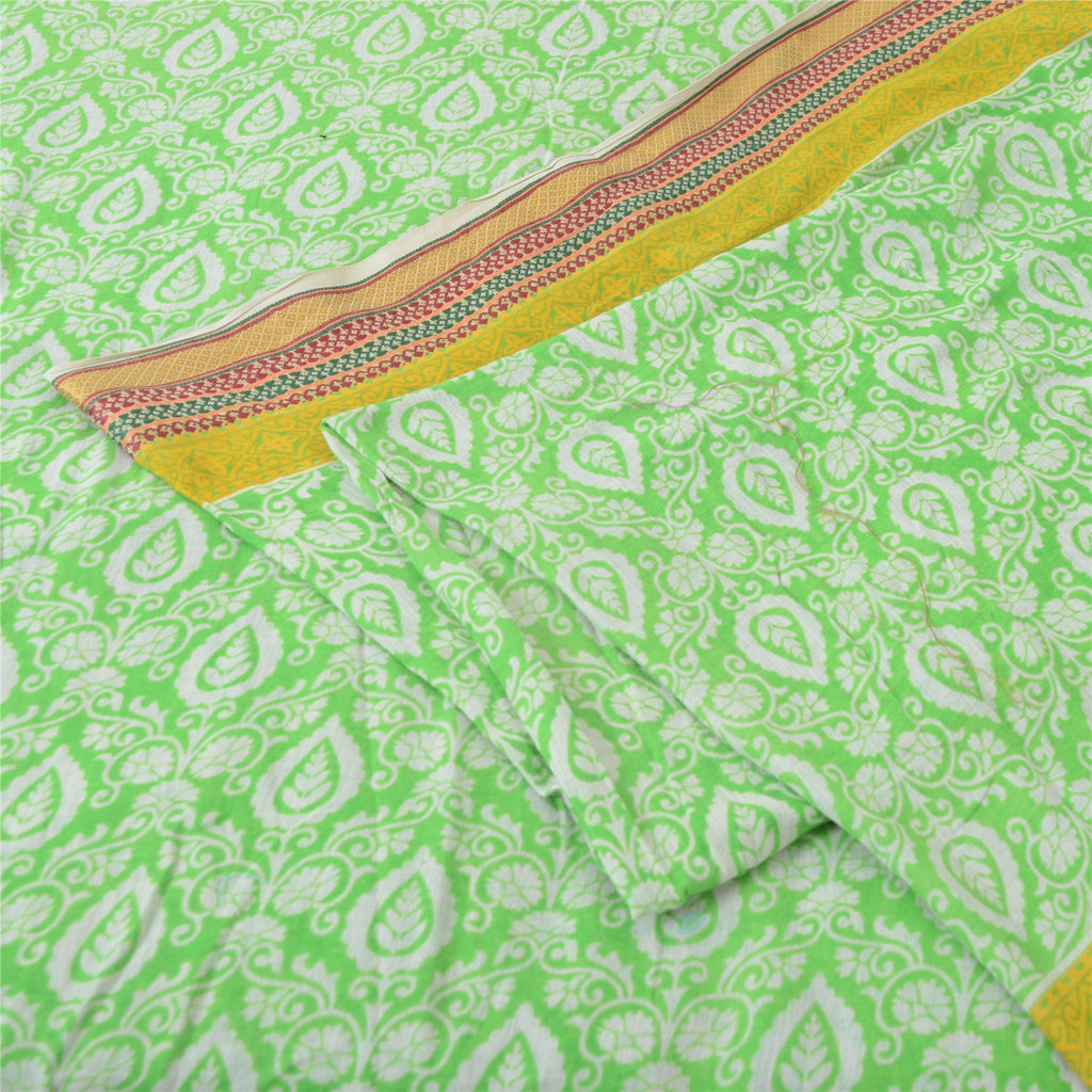 Sanskriti Vintage Sarees Green Woven Border Pure Cotton Print Sari Craft Sustainable Fabric