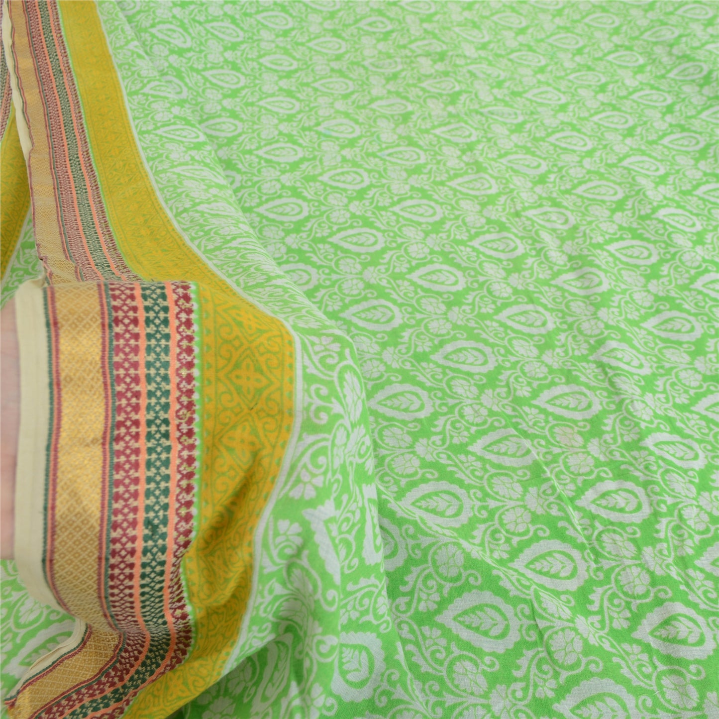 Sanskriti Vintage Sarees Green Woven Border Pure Cotton Print Sari Craft Sustainable Fabric