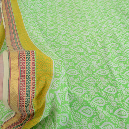 Sanskriti Vintage Sarees Green Woven Border Pure Cotton Print Sari Craft Sustainable Fabric
