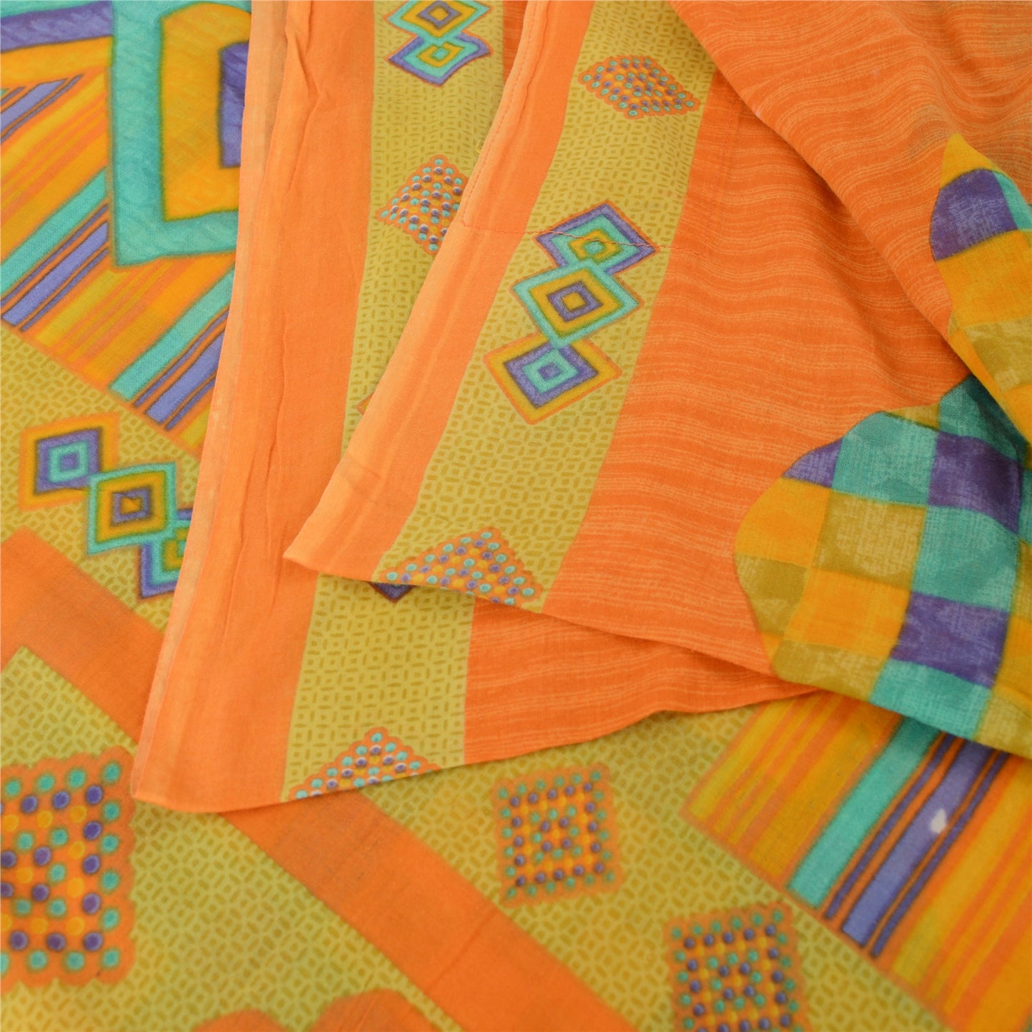 Sanskriti Vintage Sarees Indian Saffron Pure Cotton Print Sari 5yd Craft Sustainable Fabric