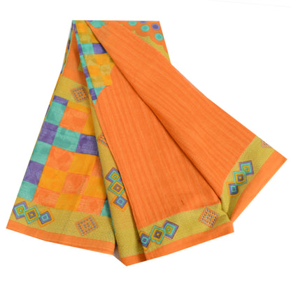 Sanskriti Vintage Sarees Indian Saffron Pure Cotton Print Sari 5yd Craft Sustainable Fabric