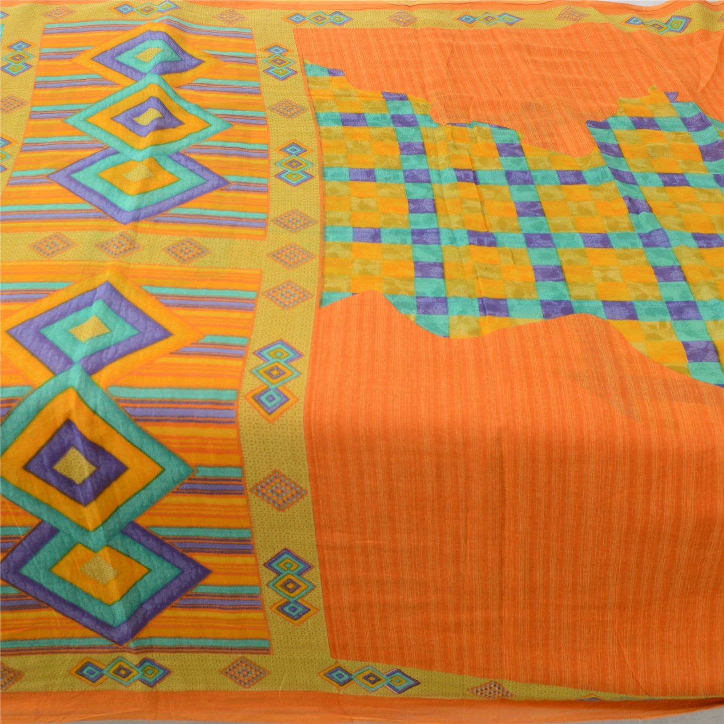 Sanskriti Vintage Sarees Indian Saffron Pure Cotton Print Sari 5yd Craft Sustainable Fabric