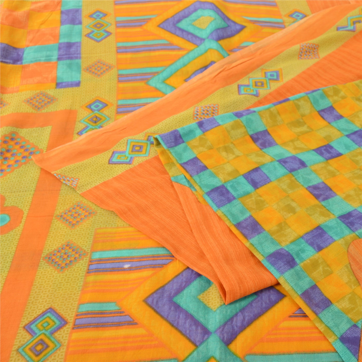 Sanskriti Vintage Sarees Indian Saffron Pure Cotton Print Sari 5yd Craft Sustainable Fabric