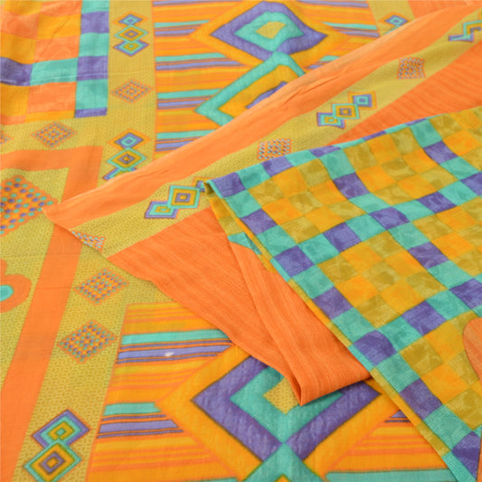 Sanskriti Vintage Sarees Indian Saffron Pure Cotton Print Sari 5yd Craft Sustainable Fabric