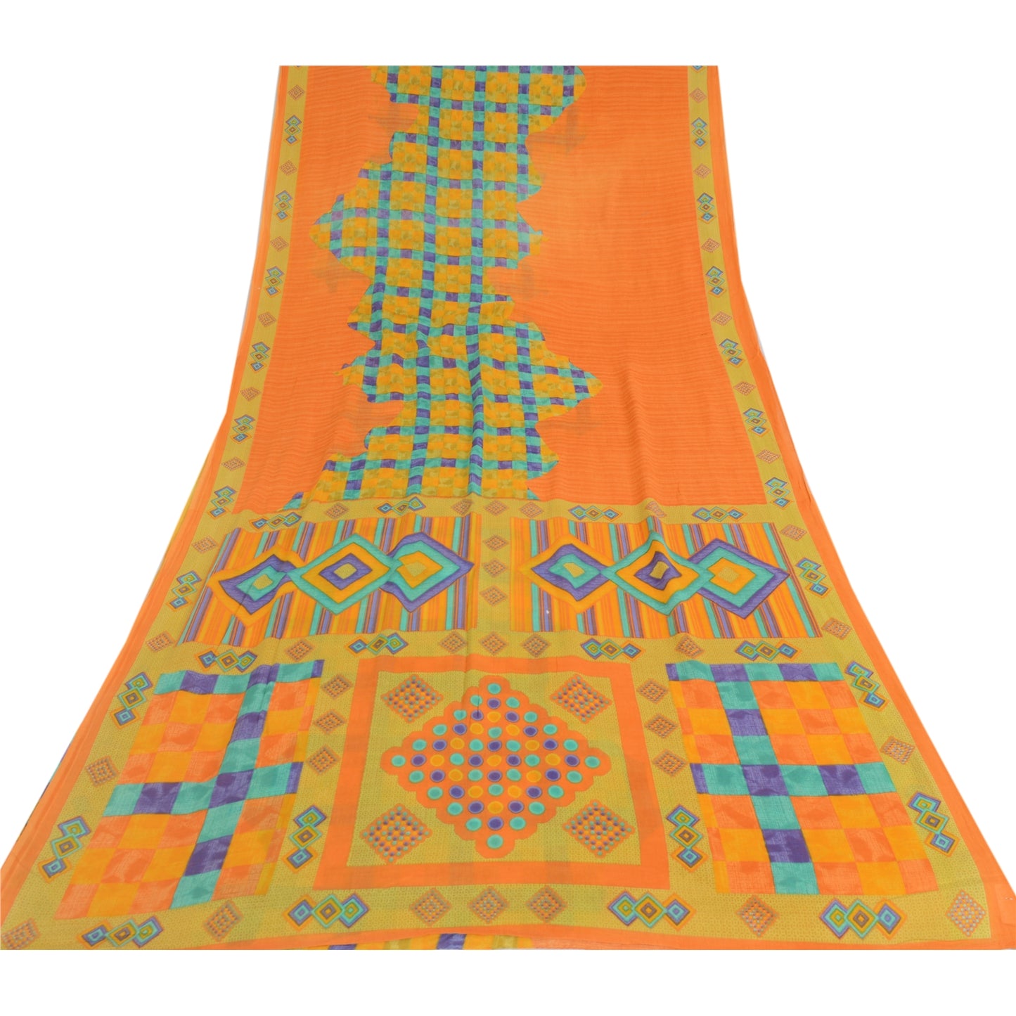 Sanskriti Vintage Sarees Indian Saffron Pure Cotton Print Sari 5yd Craft Sustainable Fabric