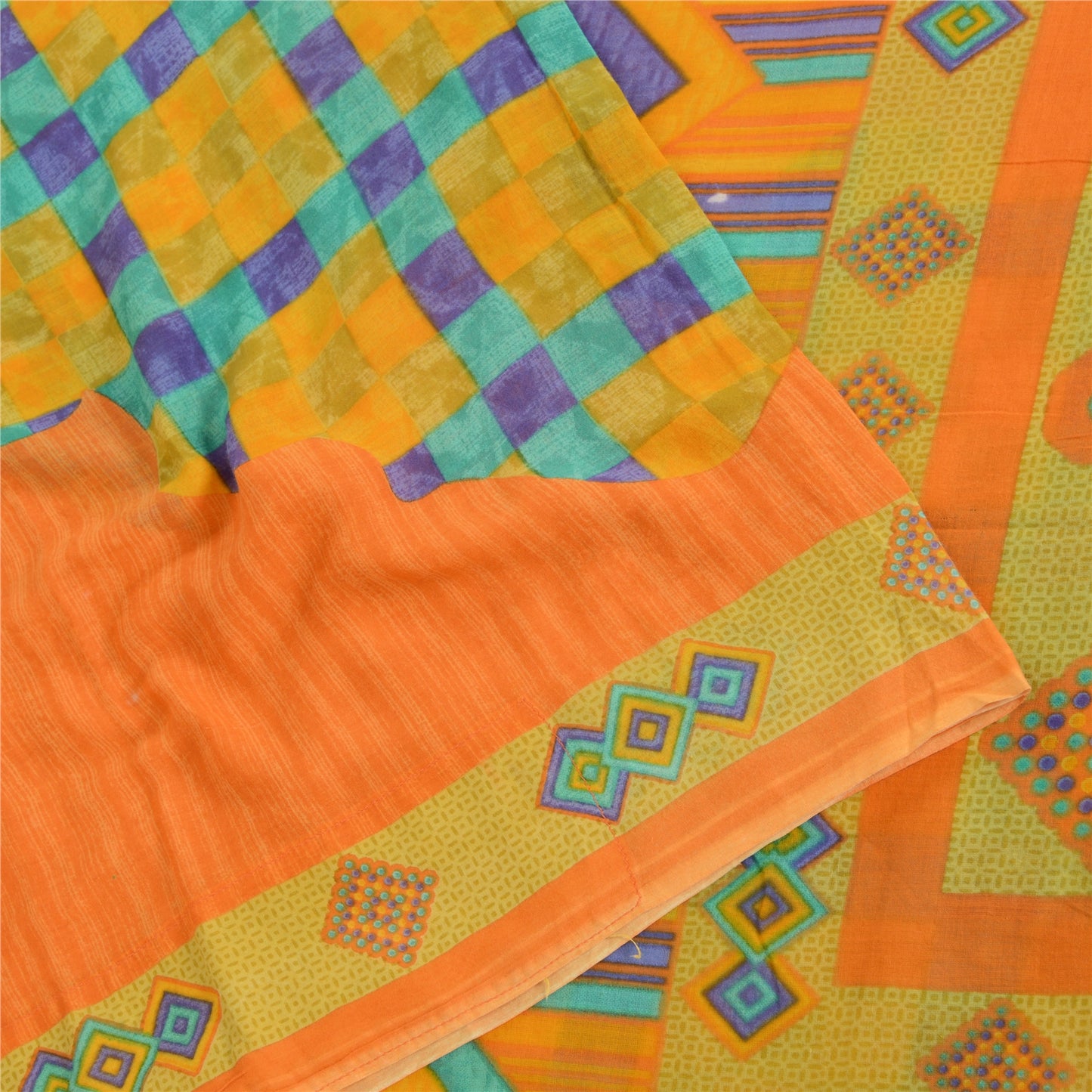 Sanskriti Vintage Sarees Indian Saffron Pure Cotton Print Sari 5yd Craft Sustainable Fabric
