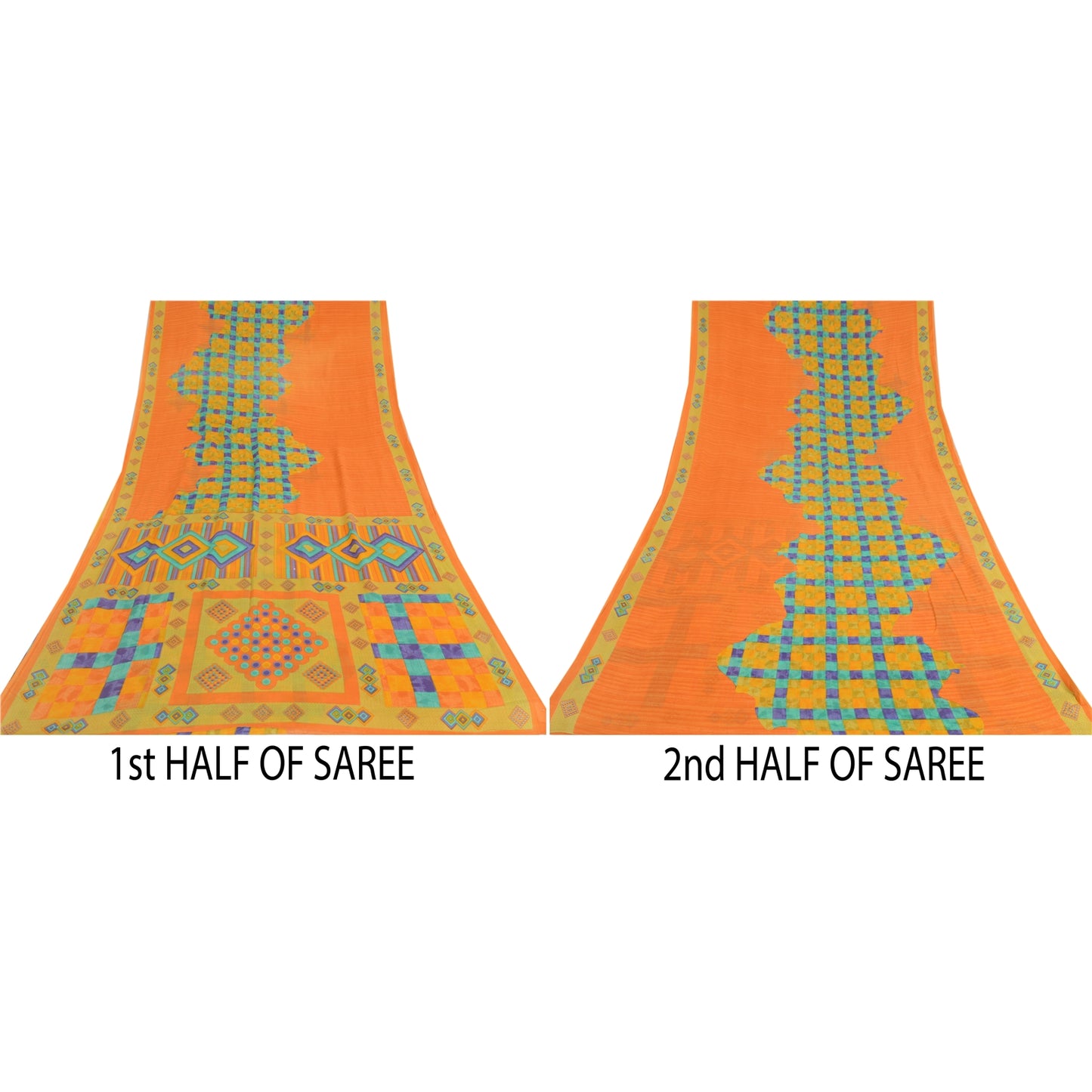 Sanskriti Vintage Sarees Indian Saffron Pure Cotton Print Sari 5yd Craft Sustainable Fabric