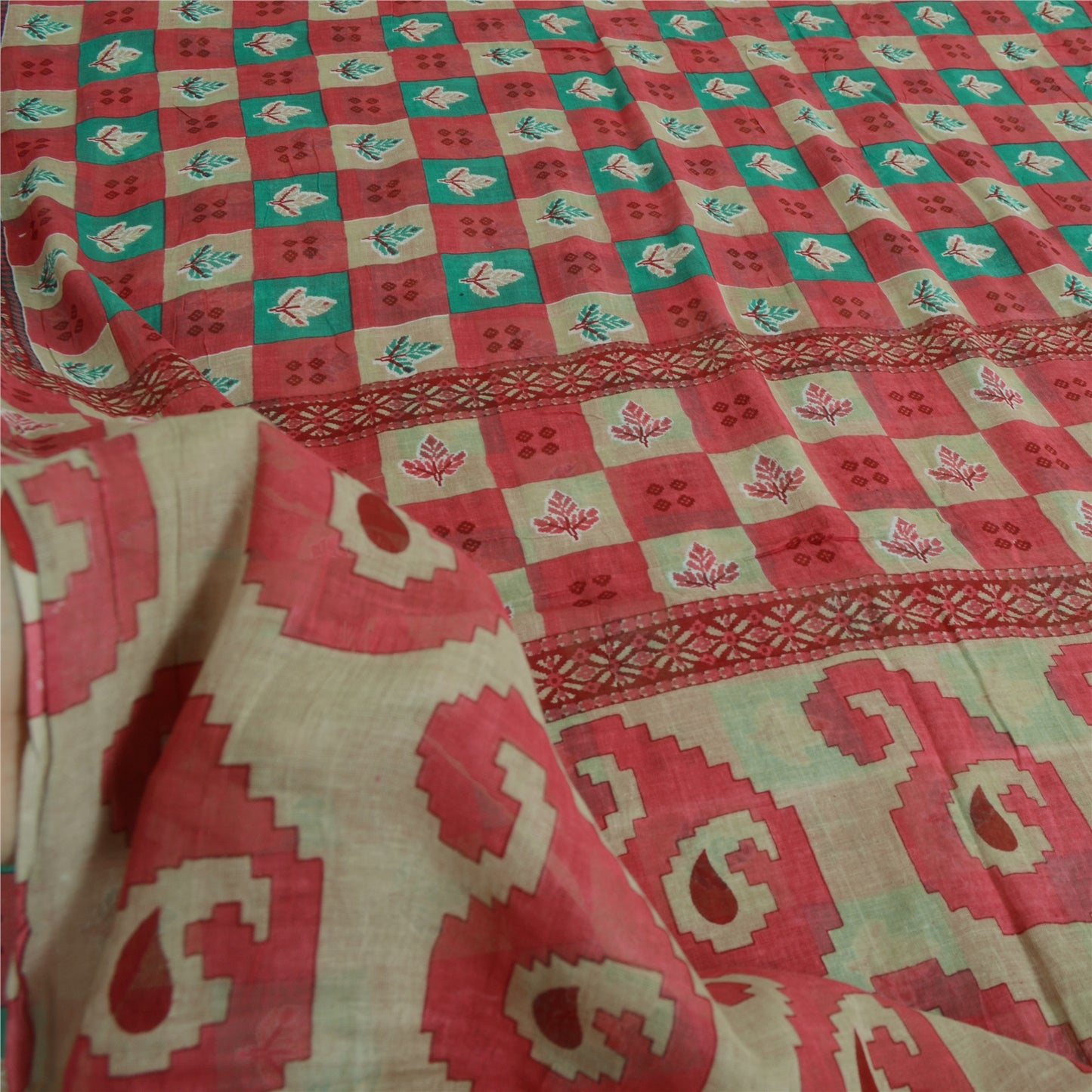 Sanskriti Vintage Sarees From India Red Pure Cotton Print Sari 5yd Craft Sustainable Fabric