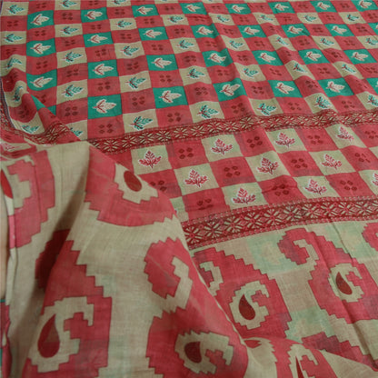 Sanskriti Vintage Sarees From India Red Pure Cotton Print Sari 5yd Craft Sustainable Fabric