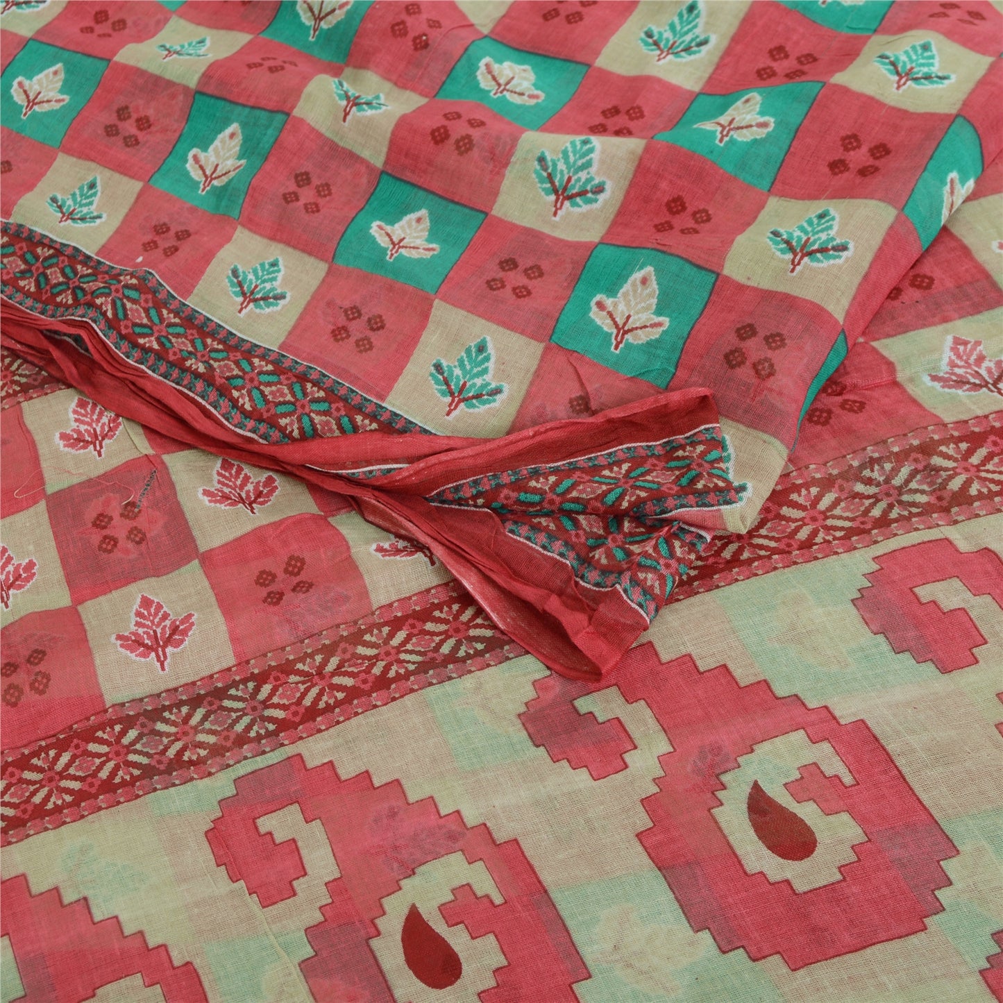 Sanskriti Vintage Sarees From India Red Pure Cotton Print Sari 5yd Craft Sustainable Fabric