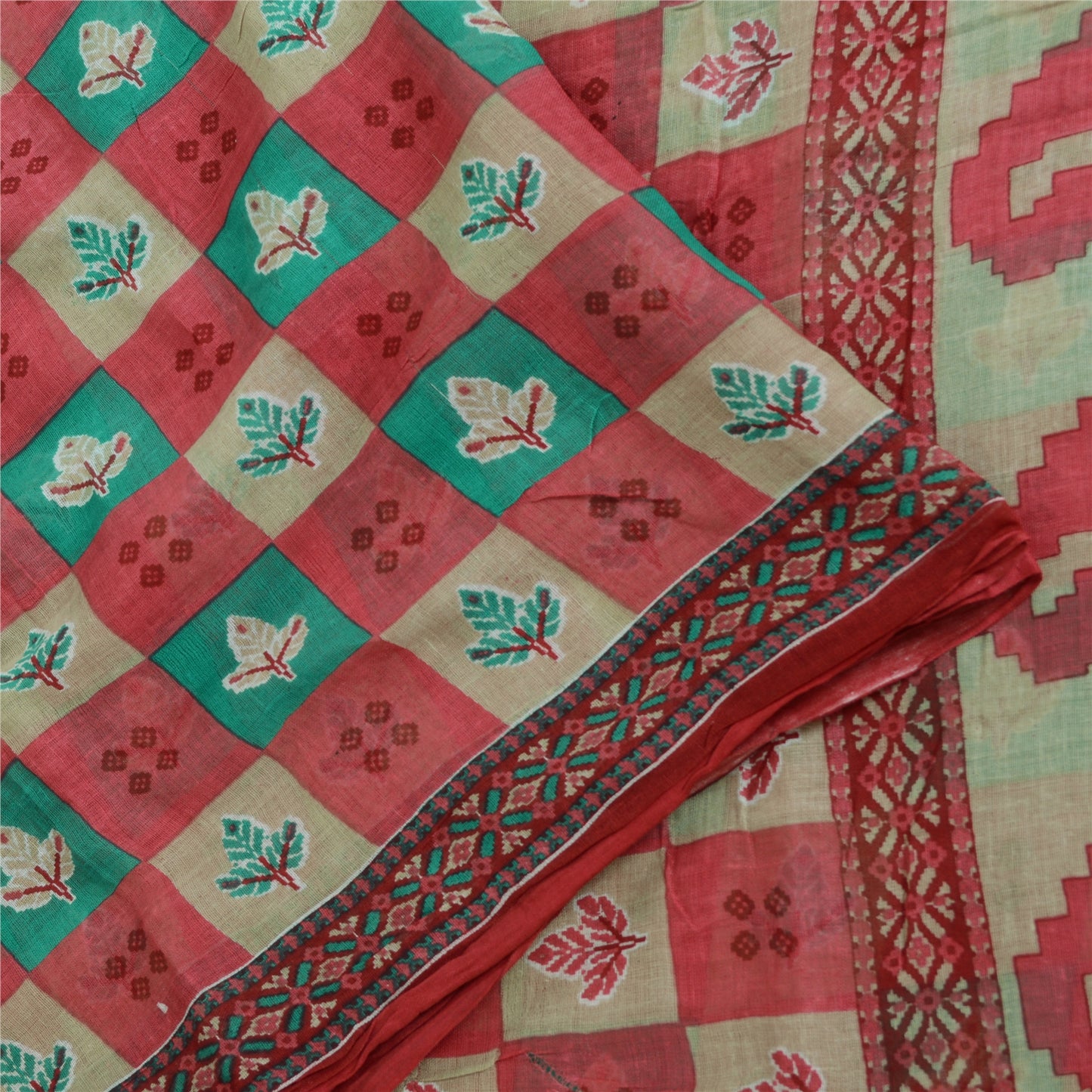 Sanskriti Vintage Sarees From India Red Pure Cotton Print Sari 5yd Craft Sustainable Fabric
