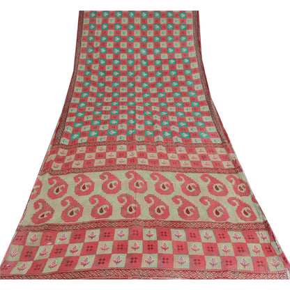 Sanskriti Vintage Sarees From India Red Pure Cotton Print Sari 5yd Craft Sustainable Fabric