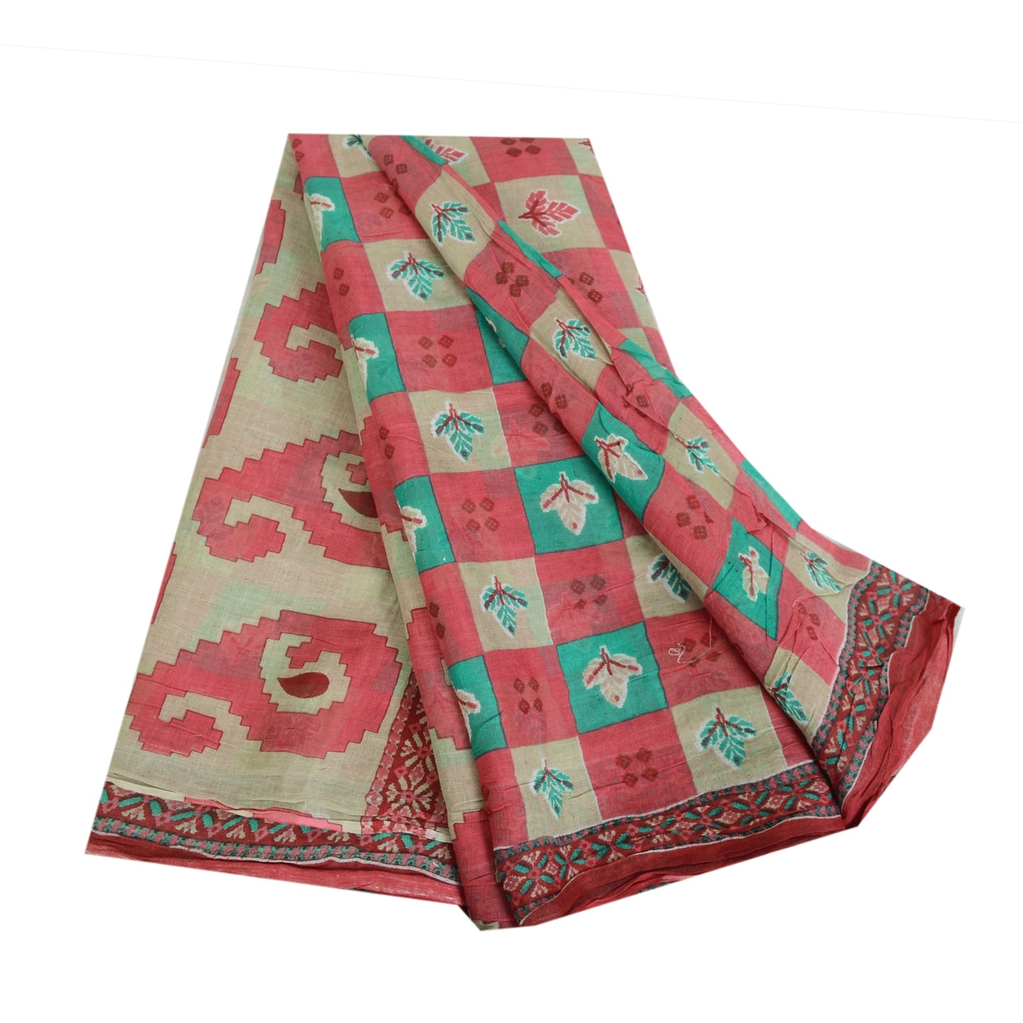 Sanskriti Vintage Sarees From India Red Pure Cotton Print Sari 5yd Craft Sustainable Fabric