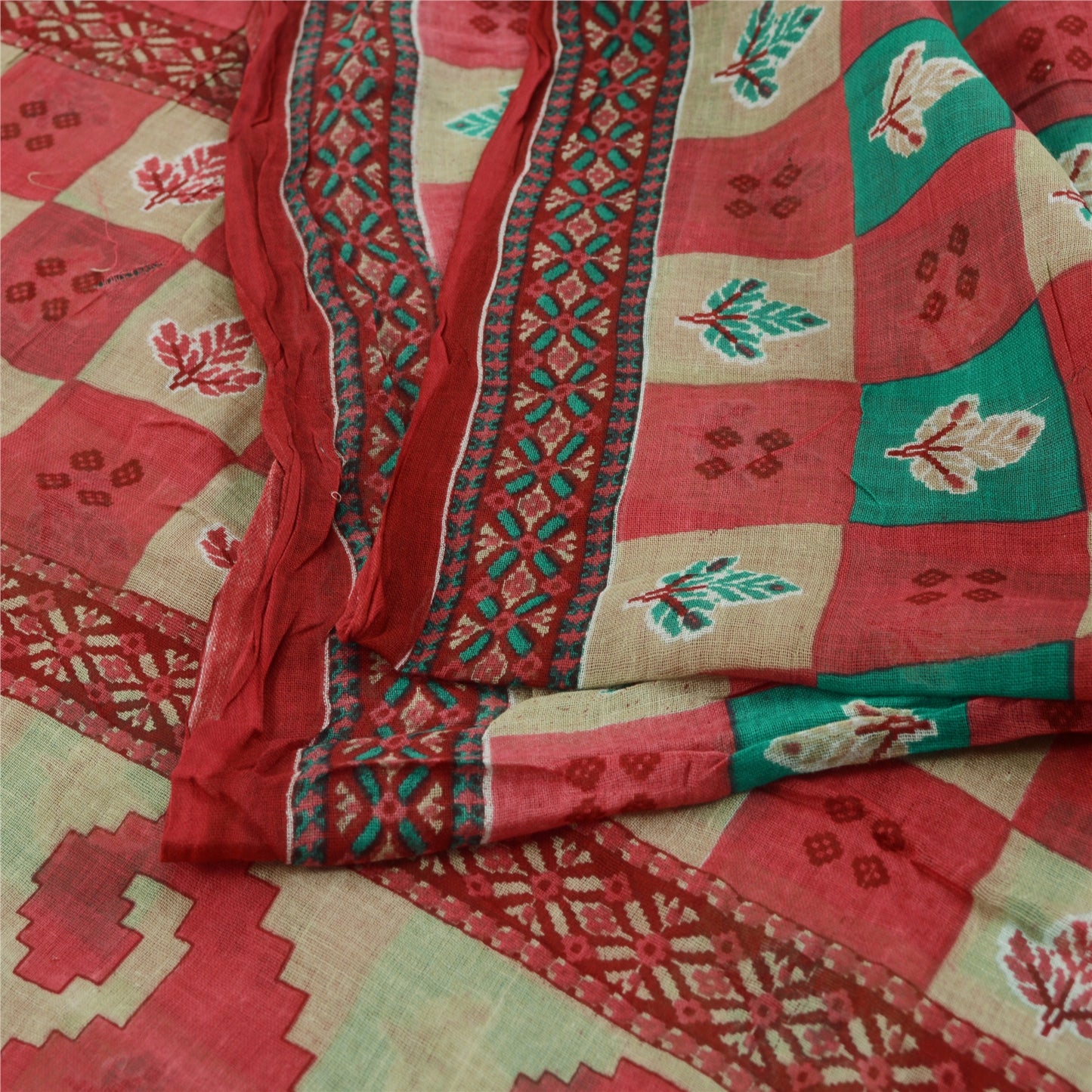 Sanskriti Vintage Sarees From India Red Pure Cotton Print Sari 5yd Craft Sustainable Fabric