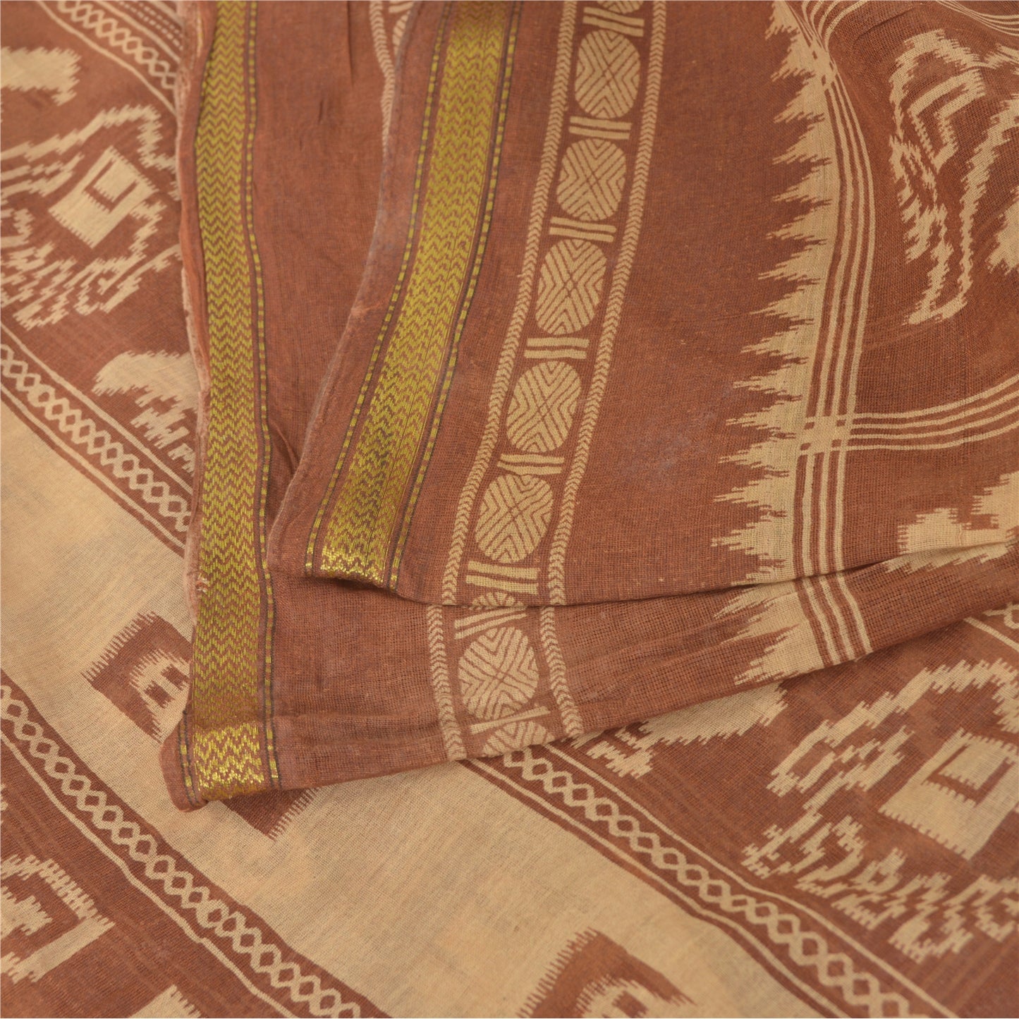 Sanskriti Vintage Sarees Brown Patan Patola Animal Print Pure Cotton Sari Sustainable Fabric