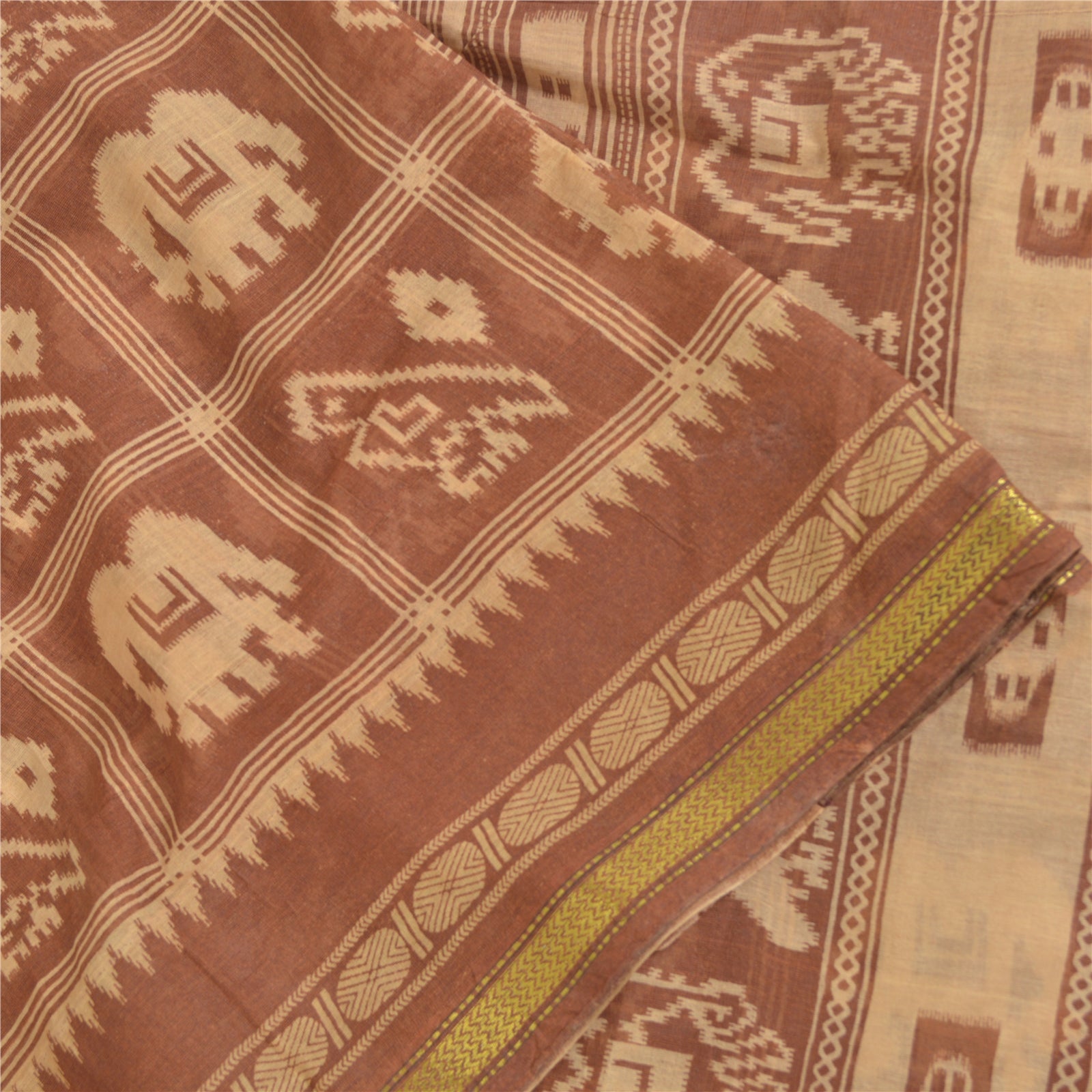 Sanskriti Vintage Patan Patola Sari: Brown Pure Cotton Animal Print Craft Fabric Pre-Owned Indian Upcycled, Recyled, Remnant, Sewing