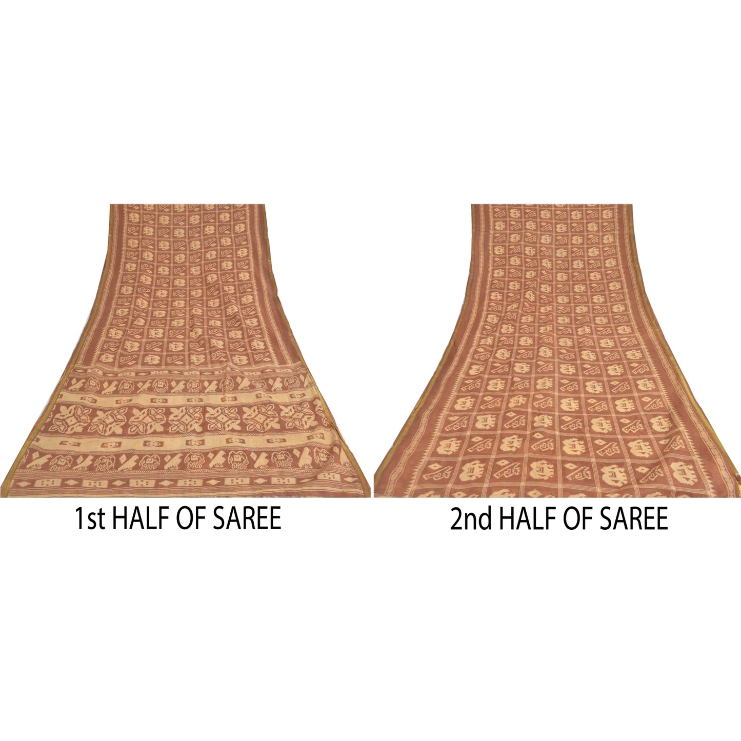 Sanskriti Vintage Sarees Brown Patan Patola Animal Print Pure Cotton Sari Sustainable Fabric