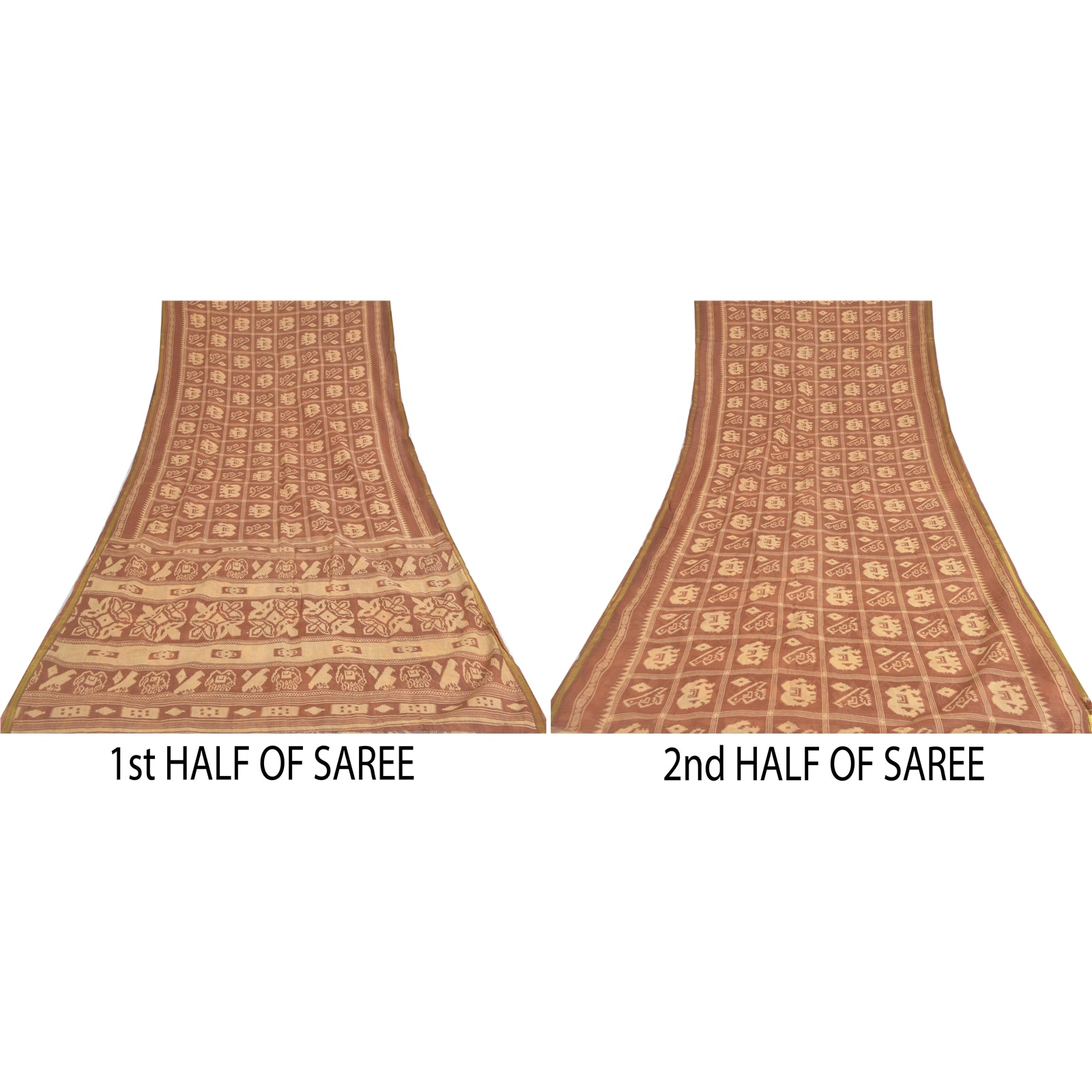 Sanskriti Vintage Patan Patola Sari: Brown Pure Cotton Animal Print Craft Fabric Pre-Owned Indian Upcycled, Recyled, Remnant, Sewing