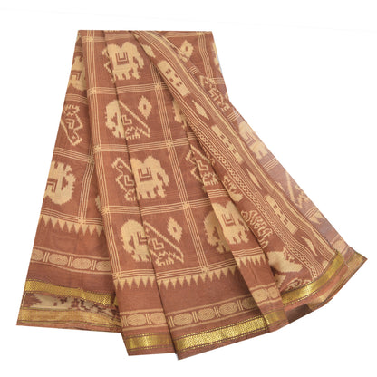 Sanskriti Vintage Sarees Brown Patan Patola Animal Print Pure Cotton Sari Sustainable Fabric