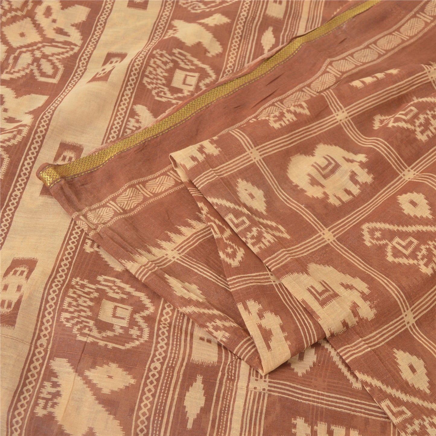 Sanskriti Vintage Sarees Brown Patan Patola Animal Print Pure Cotton Sari Sustainable Fabric