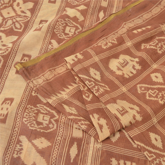 Sanskriti Vintage Sarees Brown Patan Patola Animal Print Pure Cotton Sari Sustainable Fabric