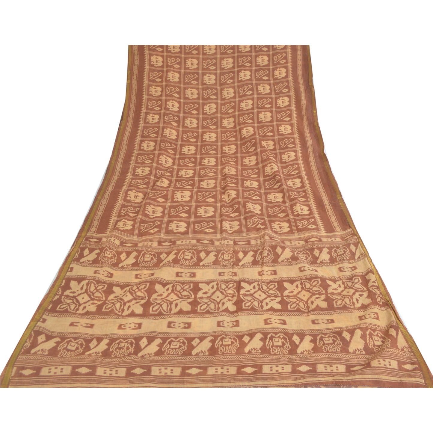 Sanskriti Vintage Sarees Brown Patan Patola Animal Print Pure Cotton Sari Sustainable Fabric