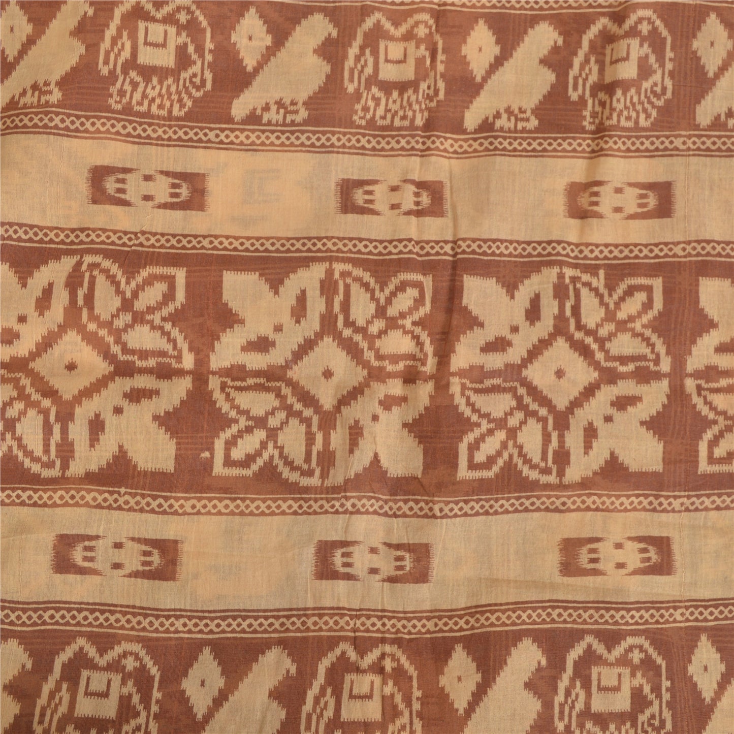 Sanskriti Vintage Sarees Brown Patan Patola Animal Print Pure Cotton Sari Sustainable Fabric
