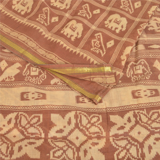 Sanskriti Vintage Sarees Brown Patan Patola Animal Print Pure Cotton Sari Sustainable Fabric