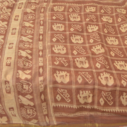 Sanskriti Vintage Sarees Brown Patan Patola Animal Print Pure Cotton Sari Sustainable Fabric