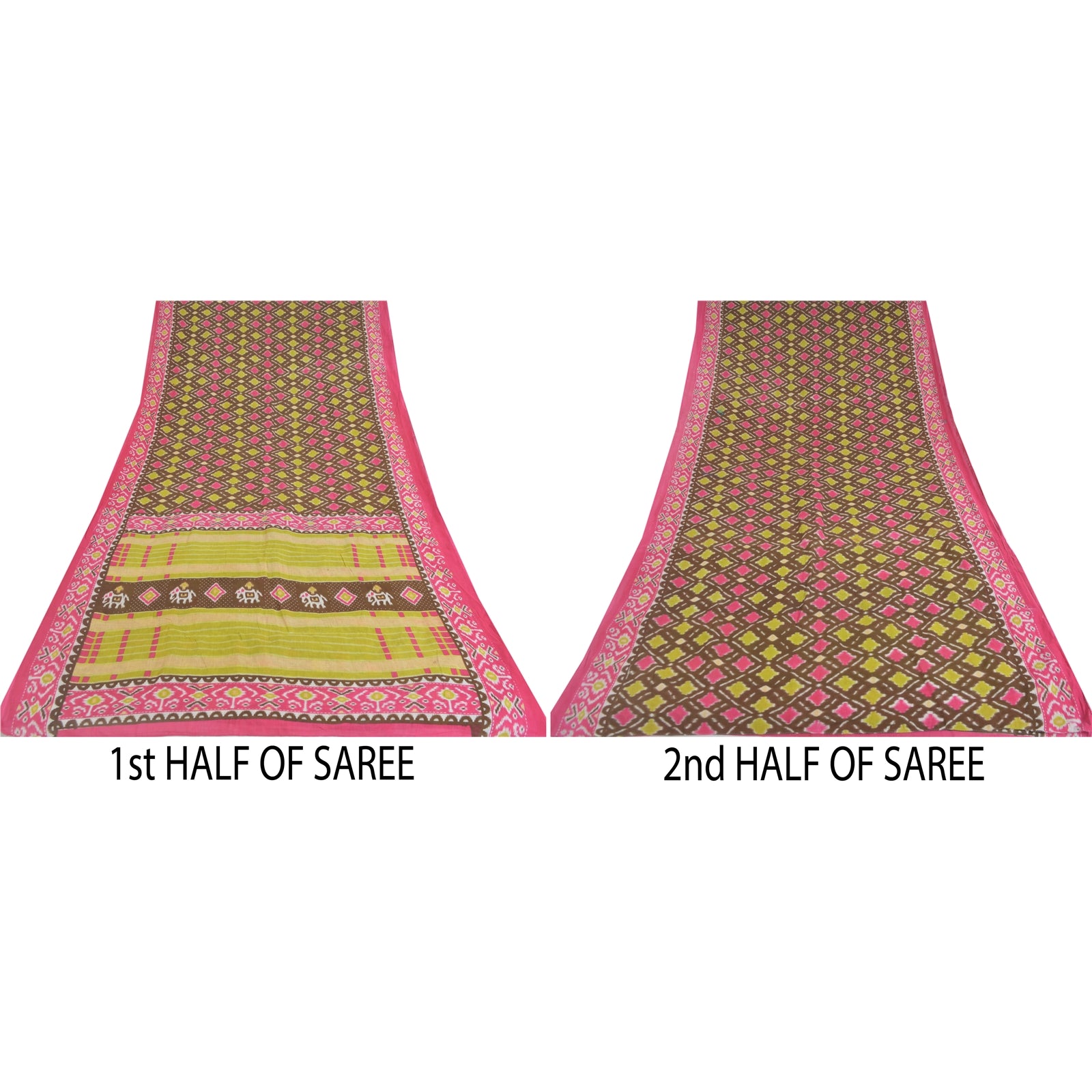 Sanskriti Vintage Sari 100% Pure Cotton Saree Brown/Pink Patan Patola Printed 5yd Craft Pre-owned Indian Upcycled Saree Fabric Remnant