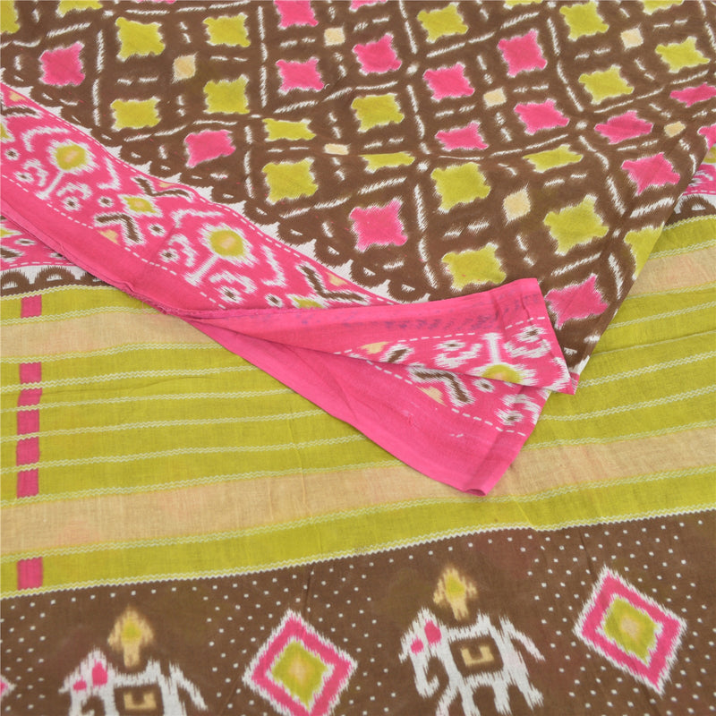 Sanskriti Vintage Sari 100% Pure Cotton Saree Brown/Pink Patan Patola Printed 5yd Craft Pre-owned Indian Upcycled Saree Fabric Remnant