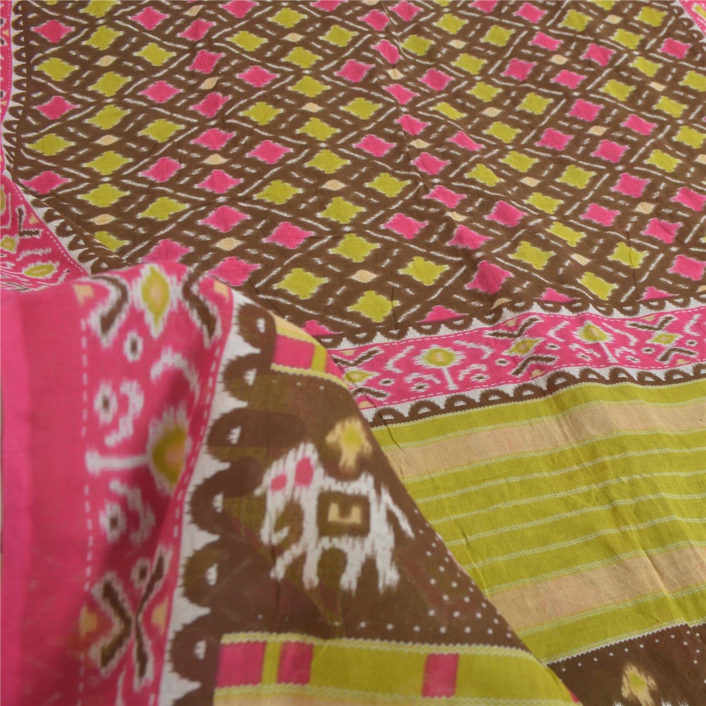 Sanskriti Vintage Sarees Brown/Pink Patan Patola Pure Cotton Printed Sari Sustainable Fabric