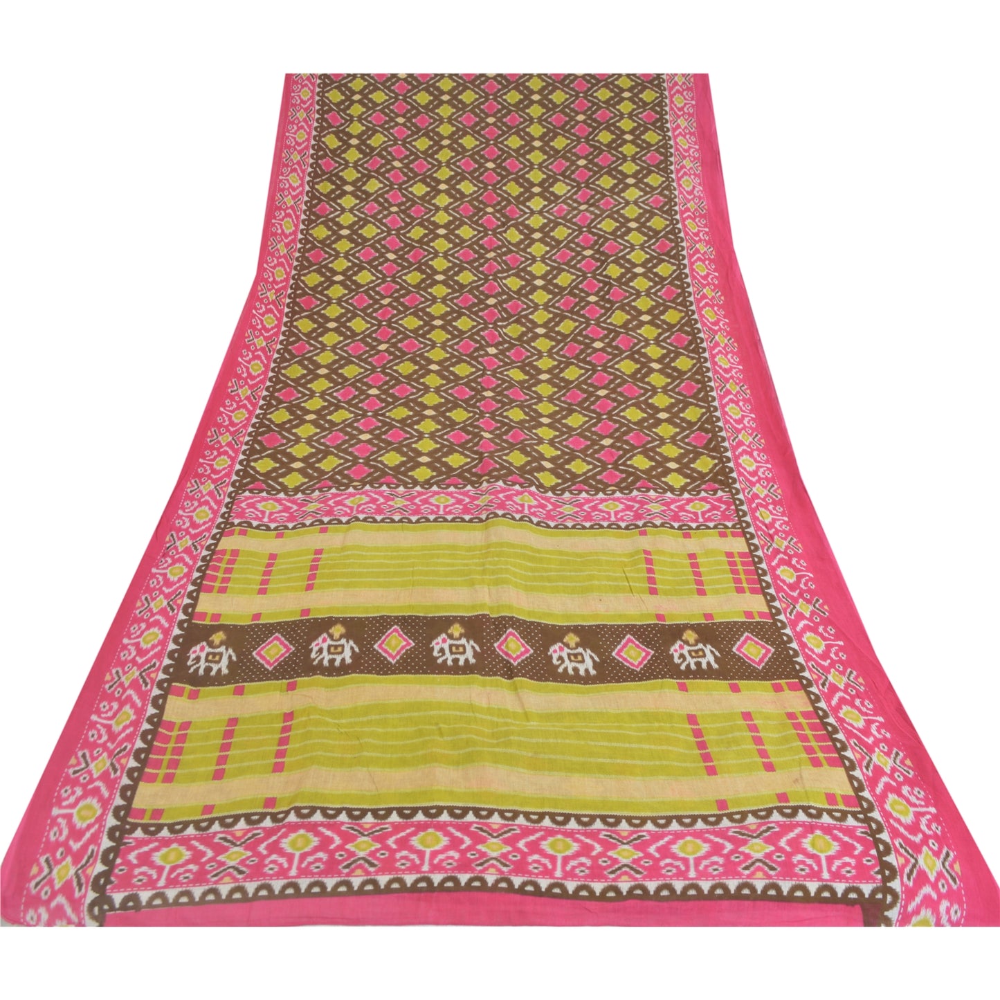 Sanskriti Vintage Sarees Brown/Pink Patan Patola Pure Cotton Printed Sari Sustainable Fabric