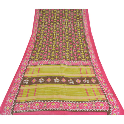 Sanskriti Vintage Sarees Brown/Pink Patan Patola Pure Cotton Printed Sari Sustainable Fabric
