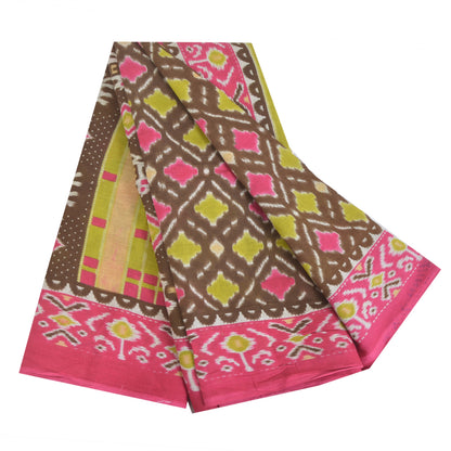 Sanskriti Vintage Sarees Brown/Pink Patan Patola Pure Cotton Printed Sari Sustainable Fabric