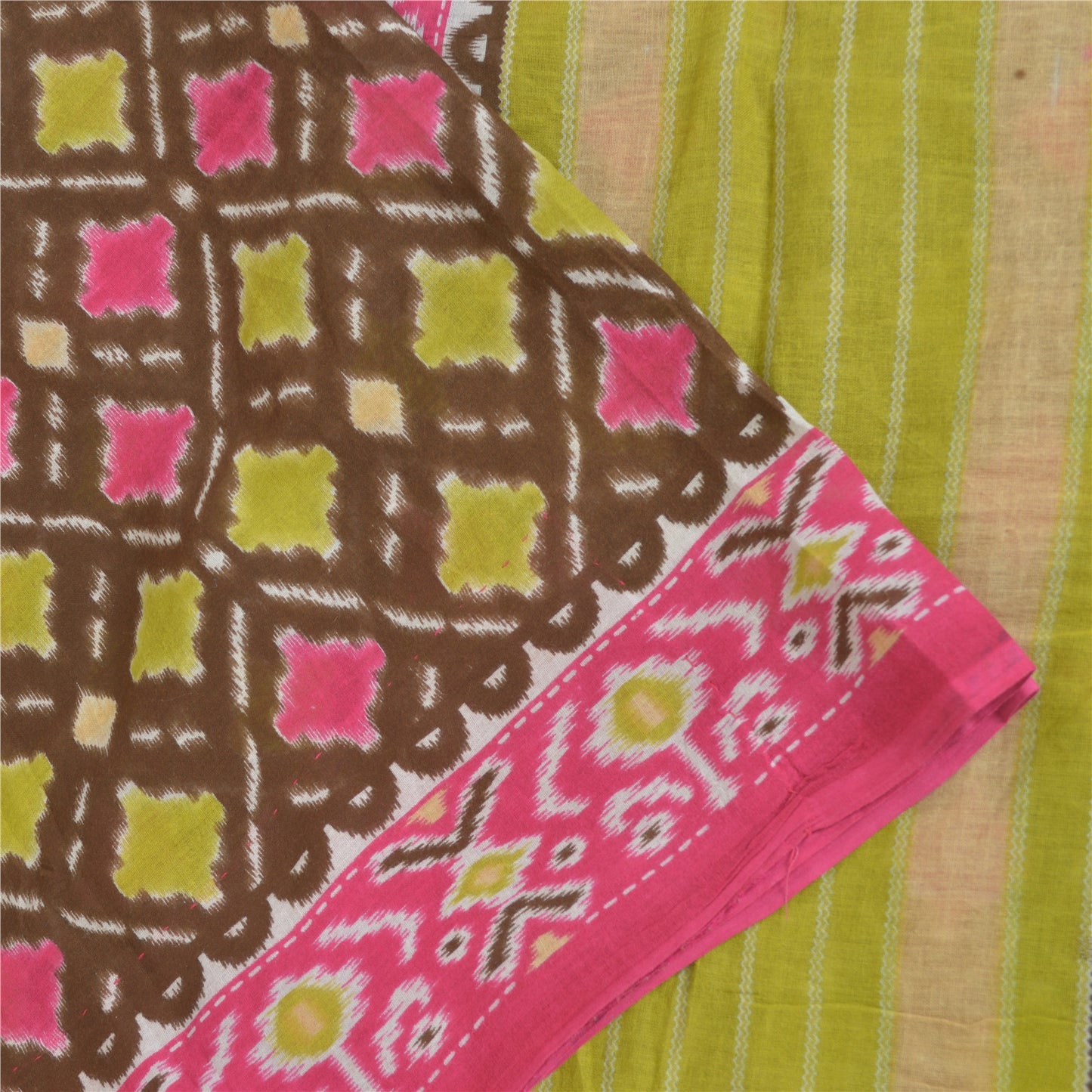 Sanskriti Vintage Sarees Brown/Pink Patan Patola Pure Cotton Printed Sari Sustainable Fabric