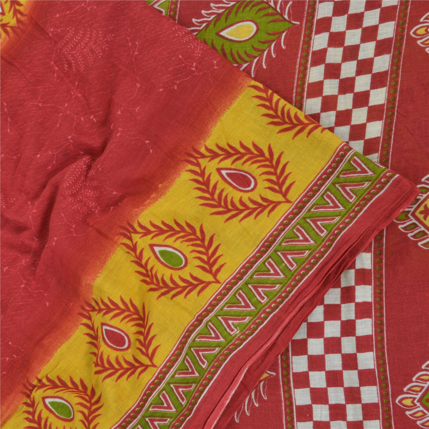 Sanskriti Vintage Sarees Rød/Gul Sari i Ren Bomuld Trykt 5 m Håndværksmæssigt Bæredygtigt Stoff