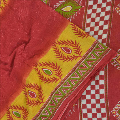Sanskriti Vintage Sarees Rød/Gul Sari i Ren Bomuld Trykt 5 m Håndværksmæssigt Bæredygtigt Stoff