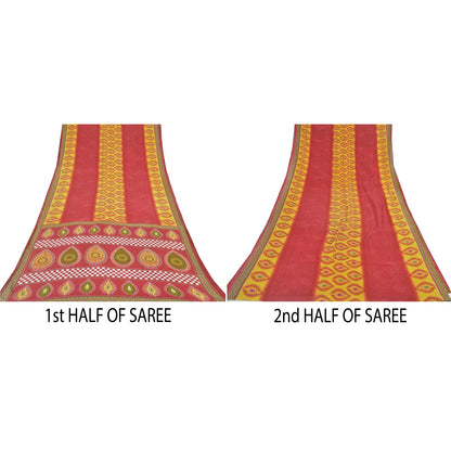 Sanskriti Vintage Sarees Rød/Gul Sari i Ren Bomuld Trykt 5 m Håndværksmæssigt Bæredygtigt Stoff