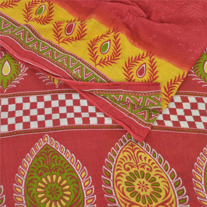 Sanskriti Vintage Sarees Rød/Gul Sari i Ren Bomuld Trykt 5 m Håndværksmæssigt Bæredygtigt Stoff