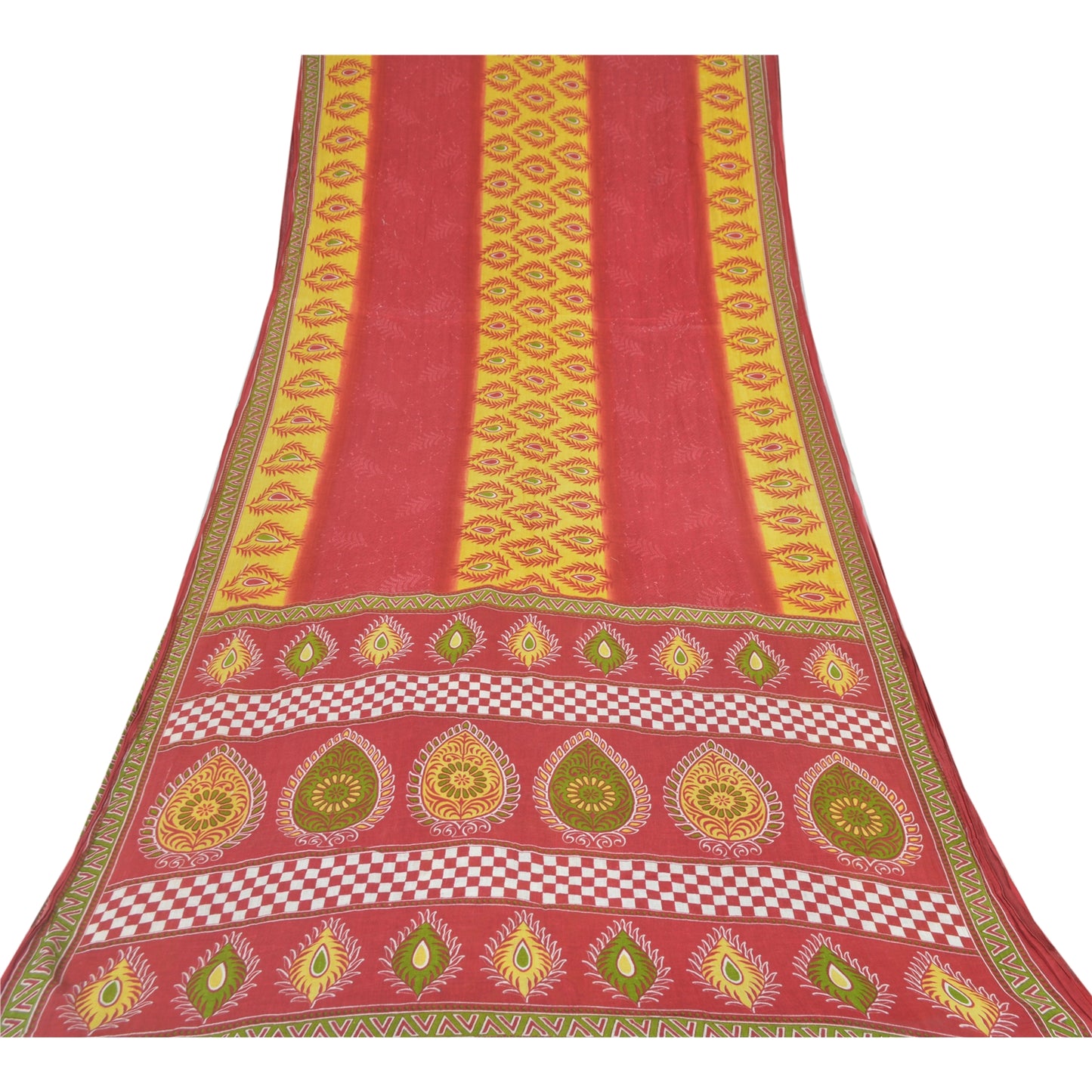 Sanskriti Vintage Sarees Rød/Gul Sari i Ren Bomuld Trykt 5 m Håndværksmæssigt Bæredygtigt Stoff