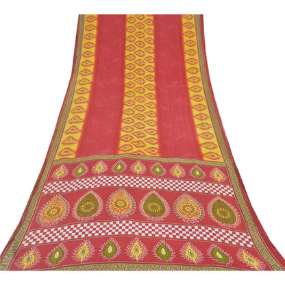 Sanskriti Vintage Sarees Rød/Gul Sari i Ren Bomuld Trykt 5 m Håndværksmæssigt Bæredygtigt Stoff