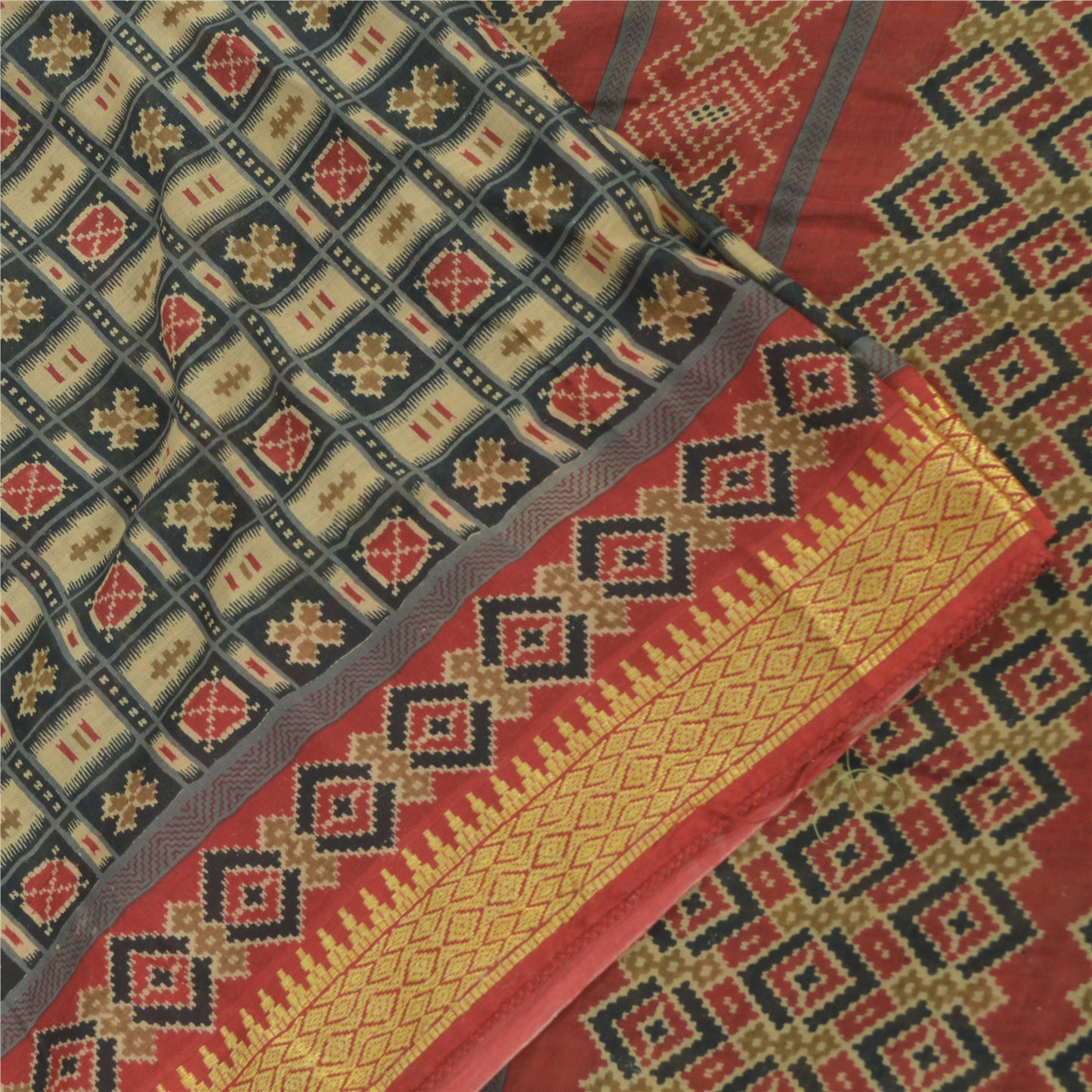 Sanskriti Vintage Sarees Green/Red 100%Pure Cotton Printed Sari 6yd Craft Sustainable Fabric
