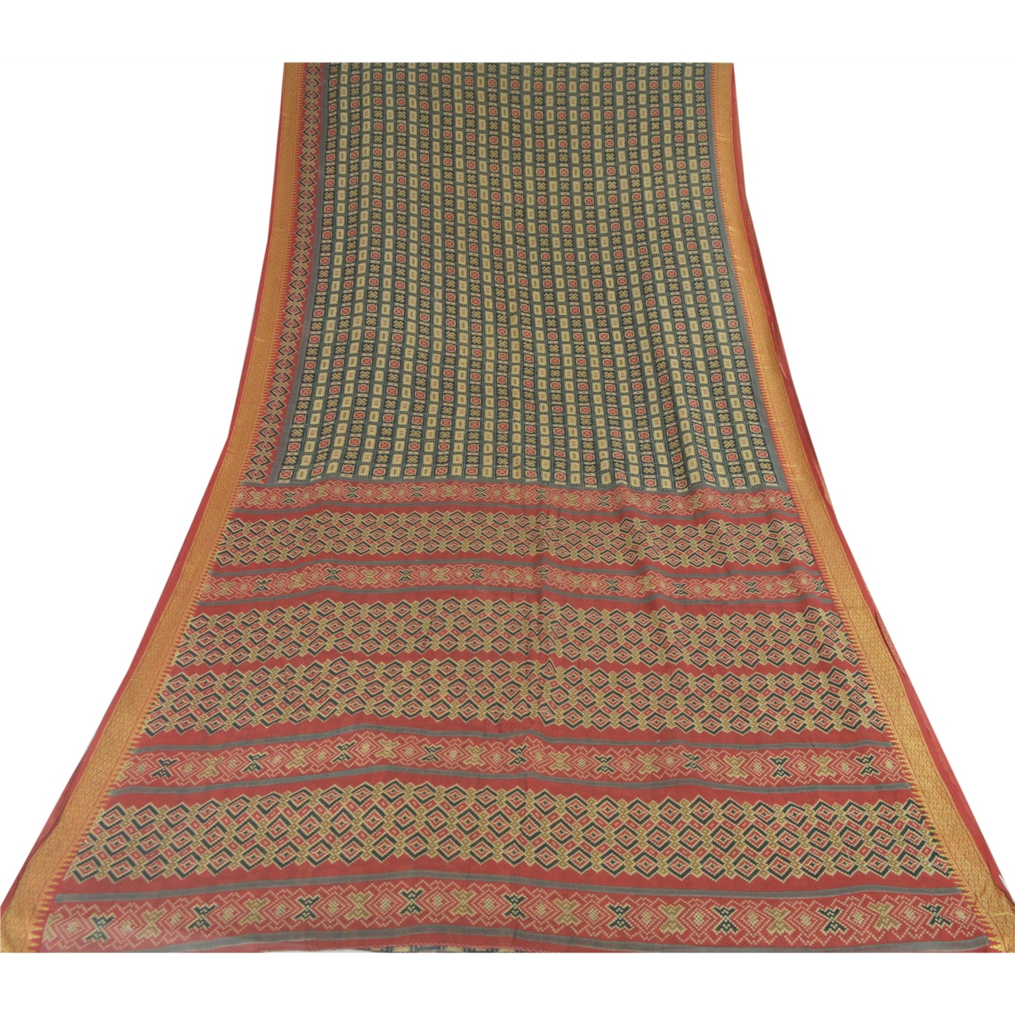 Sanskriti Vintage Sarees Green/Red 100%Pure Cotton Printed Sari 6yd Craft Sustainable Fabric