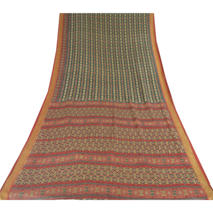 Sanskriti Vintage Sarees Green/Red 100%Pure Cotton Printed Sari 6yd Craft Sustainable Fabric