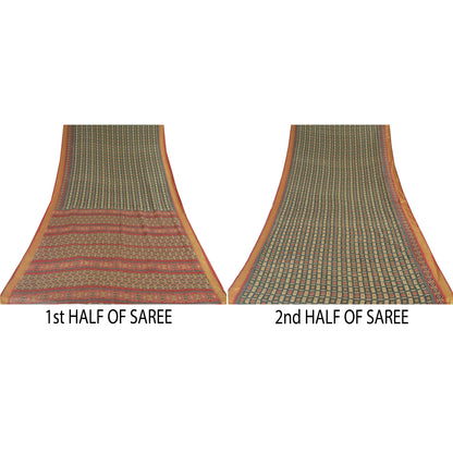 Sanskriti Vintage Sarees Green/Red 100%Pure Cotton Printed Sari 6yd Craft Sustainable Fabric