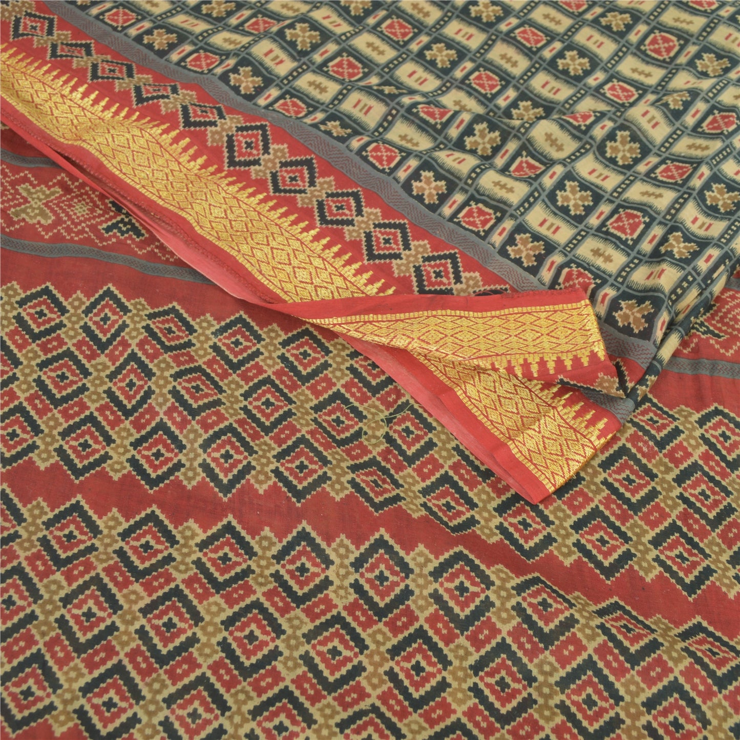 Sanskriti Vintage Sarees Green/Red 100%Pure Cotton Printed Sari 6yd Craft Sustainable Fabric